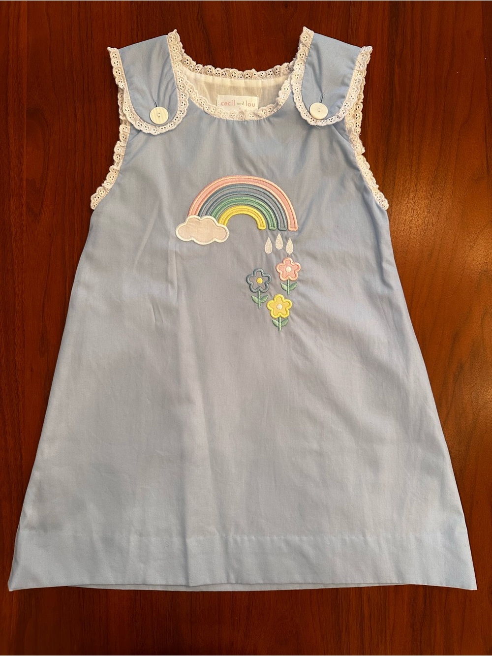 Cecil & Lou Light Blue Rainbow Flower Appliqué Kids Pinafore Dress size 5